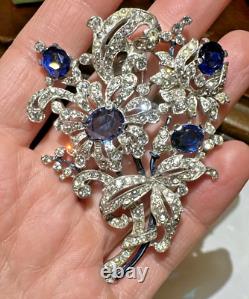 1940' Alfred Philippe Crown TRIFARI Flower Bouquet Blue Sapphire Fur Clip DC2