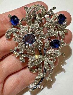 1940' Alfred Philippe Crown TRIFARI Flower Bouquet Blue Sapphire Fur Clip DC2
