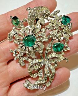 1940' Alfred Philippe Crown TRIFARI Flower Bouquet Emerald crystals Brooch DC2