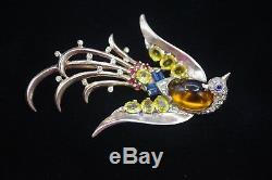 1940 Crown Trifari Jelly Belly Lyre Bird Sterling Brooch Alfred Philippe Signed