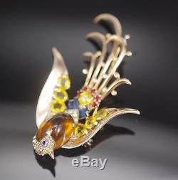 1940 Crown Trifari Jelly Belly Lyre Bird Sterling Brooch Alfred Philippe Signed