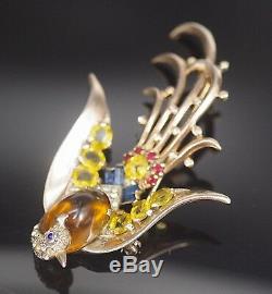 1940 Crown Trifari Jelly Belly Lyre Bird Sterling Brooch Alfred Philippe Signed