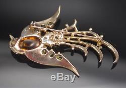 1940 Crown Trifari Jelly Belly Lyre Bird Sterling Brooch Alfred Philippe Signed