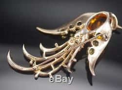 1940 Crown Trifari Jelly Belly Lyre Bird Sterling Brooch Alfred Philippe Signed