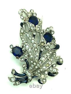 1940 Trifari Alfred Philippe Pave Enamel Blue Crystals Flowers Bouquet Fur Clip