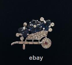 1940's Crown Trifari ALFRED PHILIPPE Navy BLUE Glass Flower Wheelbarrow BROOCH