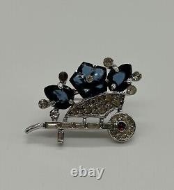 1940's Crown Trifari ALFRED PHILIPPE Navy BLUE Glass Flower Wheelbarrow BROOCH
