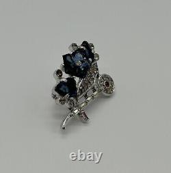 1940's Crown Trifari ALFRED PHILIPPE Navy BLUE Glass Flower Wheelbarrow BROOCH