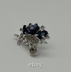 1940's Crown Trifari ALFRED PHILIPPE Navy BLUE Glass Flower Wheelbarrow BROOCH