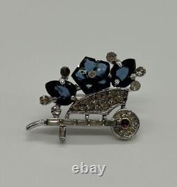 1940's Crown Trifari ALFRED PHILIPPE Navy BLUE Glass Flower Wheelbarrow BROOCH