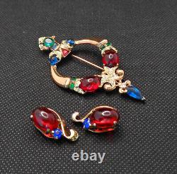 1940's Crown Trifari Alfred Philippe Sterling Tanjore Jewel Brooch & Earrings