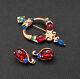 1940's Crown Trifari Alfred Philippe Sterling Tanjore Jewel Brooch & Earrings