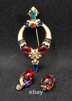 1940's Crown Trifari Alfred Philippe Sterling Tanjore Jewel Brooch & Earrings
