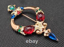 1940's Crown Trifari Alfred Philippe Sterling Tanjore Jewel Brooch & Earrings