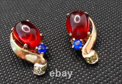 1940's Crown Trifari Alfred Philippe Sterling Tanjore Jewel Brooch & Earrings