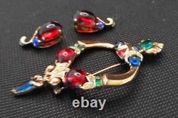 1940's Crown Trifari Alfred Philippe Sterling Tanjore Jewel Brooch & Earrings