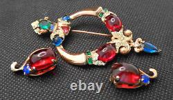 1940's Crown Trifari Alfred Philippe Sterling Tanjore Jewel Brooch & Earrings