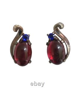 1940's TRIFARI ALFRED PHILIPPE GOLD STERLING SILVER RED CABOCHON CLIP EARRINGS
