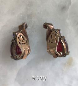 1940's TRIFARI ALFRED PHILIPPE GOLD STERLING SILVER RED CABOCHON CLIP EARRINGS