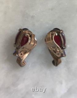 1940's TRIFARI ALFRED PHILIPPE GOLD STERLING SILVER RED CABOCHON CLIP EARRINGS