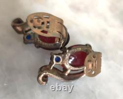 1940's TRIFARI ALFRED PHILIPPE GOLD STERLING SILVER RED CABOCHON CLIP EARRINGS