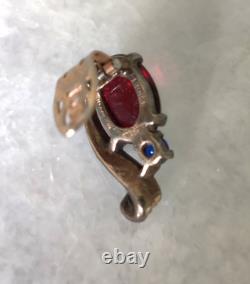 1940's TRIFARI ALFRED PHILIPPE GOLD STERLING SILVER RED CABOCHON CLIP EARRINGS
