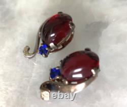 1940's TRIFARI ALFRED PHILIPPE GOLD STERLING SILVER RED CABOCHON CLIP EARRINGS