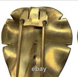 1940s HAND SIGNED Crown Trifari Alfred Philippe GOLD LEAVES Fur Dress Pin Clips