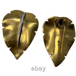 1940s HAND SIGNED Crown Trifari Alfred Philippe GOLD LEAVES Fur Dress Pin Clips