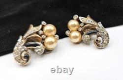 1940s TRIFARI Empress Eugenie Romantique Pearl, Rhinestone, Enamel CLIP EARRINGS