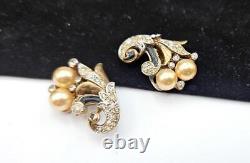 1940s TRIFARI Empress Eugenie Romantique Pearl, Rhinestone, Enamel CLIP EARRINGS