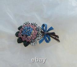 1941 Alfred Philippe TRIFARI Enamel Flower Lace Bouquet Forget Me Not Fur Clip