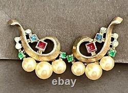 1945 Vtg Jewelry ALFRED PHILIPPE CROWN TRIFARI EARRINGS Multi Pearl Pat 140799