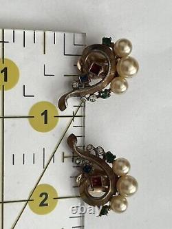 1945 Vtg Jewelry ALFRED PHILIPPE CROWN TRIFARI EARRINGS Multi Pearl Pat 140799
