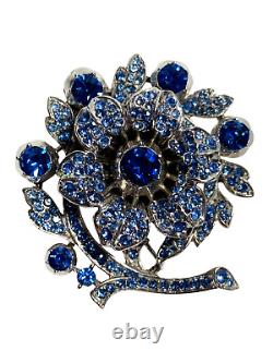 1948 Alfred Philippe Trifari Blue Rhinestone Layered Flower Fur Clip Brooch