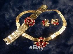 1948 TRIFARI Alfred Philippe Ruby Red Tesselated Gold-toned Rhinestone Parure