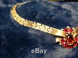 1948 TRIFARI Alfred Philippe Ruby Red Tesselated Gold-toned Rhinestone Parure