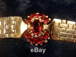 1948 TRIFARI Alfred Philippe Ruby Red Tesselated Gold-toned Rhinestone Parure