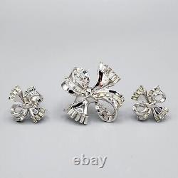 1950 Crown Trifari Alfred Philippe Abstract Ribbon Bow Crystal Brooch Earrings