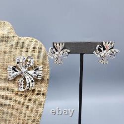 1950 Crown Trifari Alfred Philippe Abstract Ribbon Bow Crystal Brooch Earrings