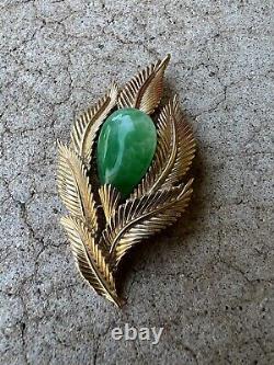 1950's/60s Crown Trifari Gold Brooch Faux Jade Fern Leaf Signed Alfred Philippe