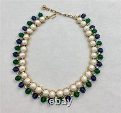 1950's Trifari Blue/Green Dangles Faux Pearl Cab Crystals'Facination' Necklace