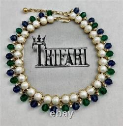 1950's Trifari Blue/Green Dangles Faux Pearl Cab Crystals'Facination' Necklace