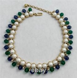 1950's Trifari Blue/Green Dangles Faux Pearl Cab Crystals'Facination' Necklace