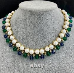 1950's Trifari Blue/Green Dangles Faux Pearl Cab Crystals'Facination' Necklace