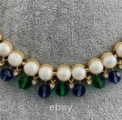 1950's Trifari Blue/Green Dangles Faux Pearl Cab Crystals'Facination' Necklace