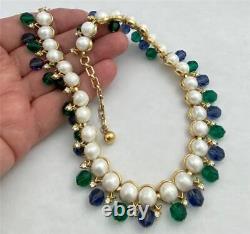 1950's Trifari Blue/Green Dangles Faux Pearl Cab Crystals'Facination' Necklace