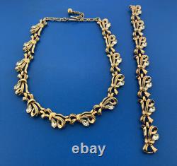 1950s Alfred Philippe Crown Trifari Gold Tone Rhinestone Bracelet Necklace Set