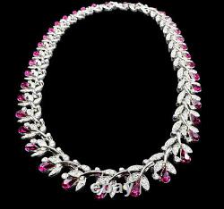 1950s CROWN TRIFARI Philippe Fuschia & Clear Pavé Rhinestone Floral Necklace