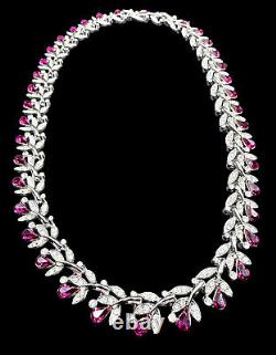 1950s CROWN TRIFARI Philippe Fuschia & Clear Pavé Rhinestone Floral Necklace